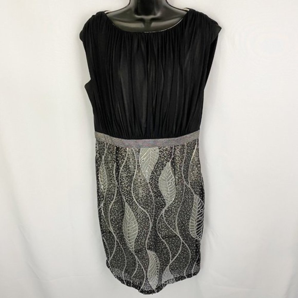 Roz & Ali Sequin Ruched Leaf Sheath Midi Dress Black Silver Size 12